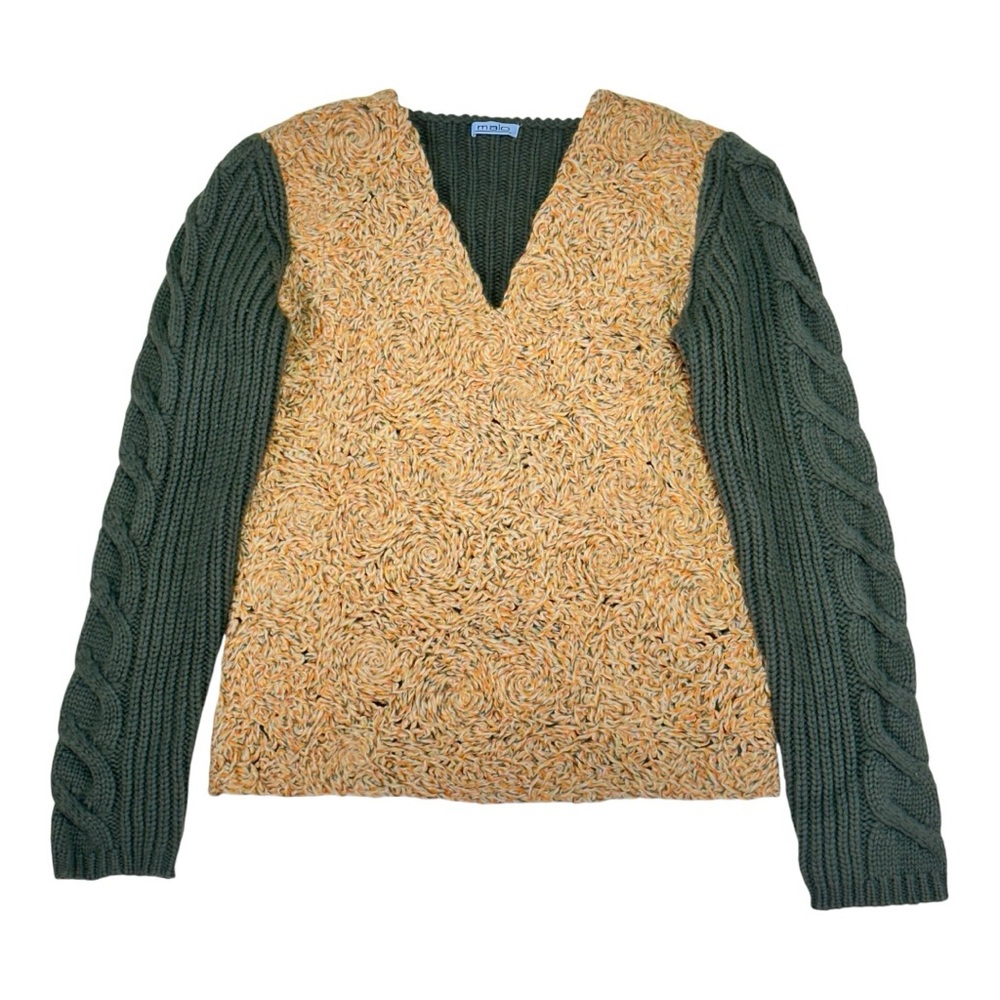 MALO Cashmere Cable Knit / Rosette Knit V-Neck Sweater - Sage Green / Wheat